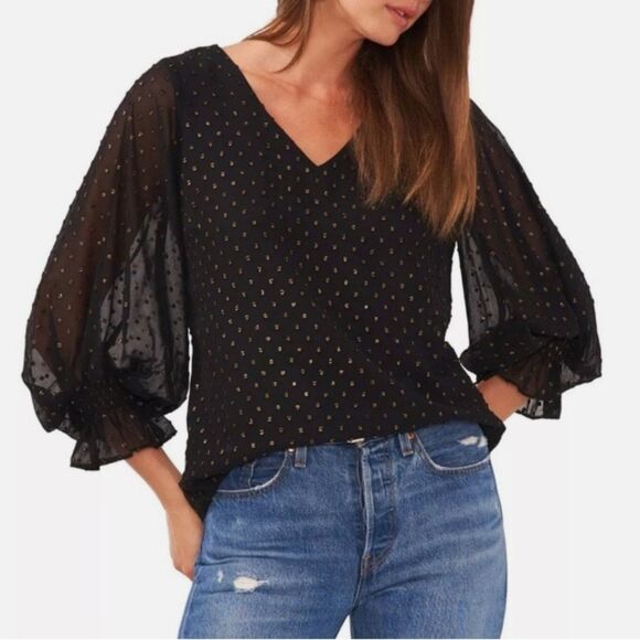 Vince Camuto Black and Gold Ruffled Blouse with 3/4 Sleeves Women’s Size M - Picture 1 of 6